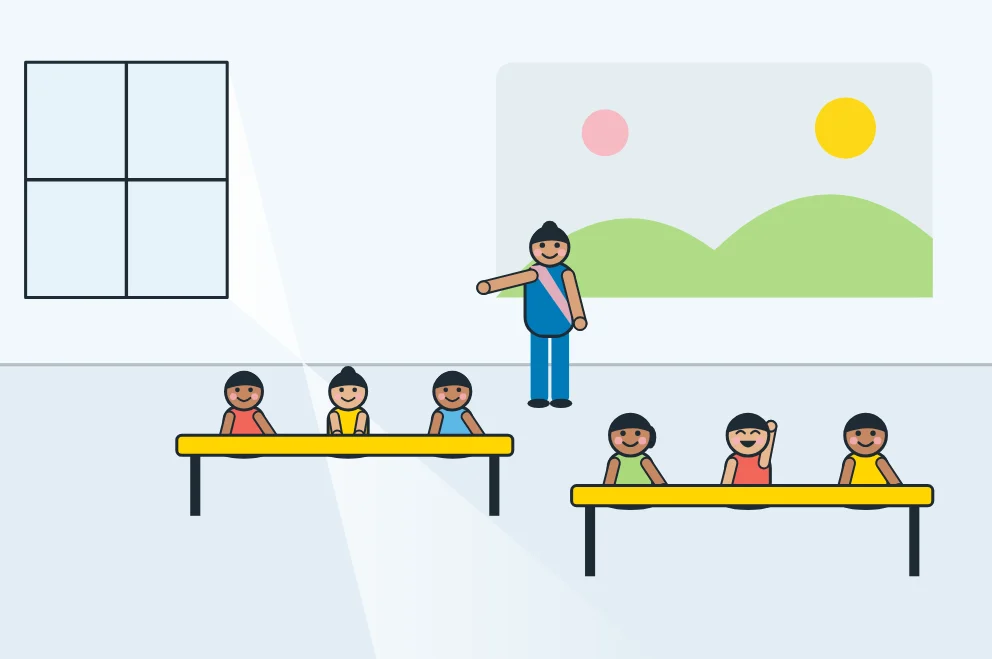 Illustration: children busy at tables in a bright classroom