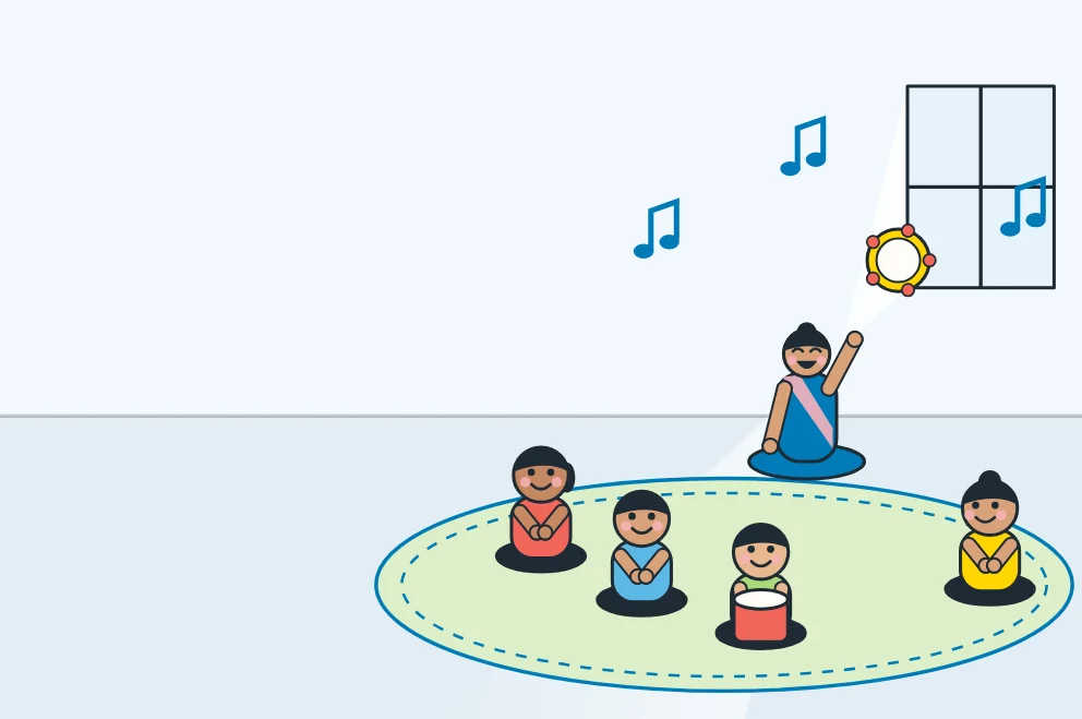 Illustration: children making music in a circle with their teacher