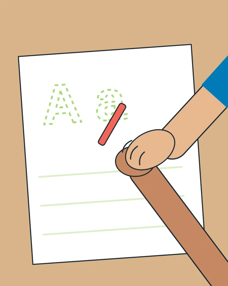 Illustration: a teacher’s hand guiding a child’s hand as they write
